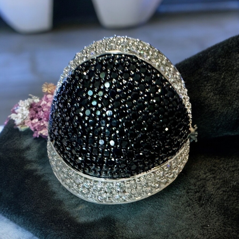 Designer Black Spinel Pave Dome Sterling Silver Ring (6.5)